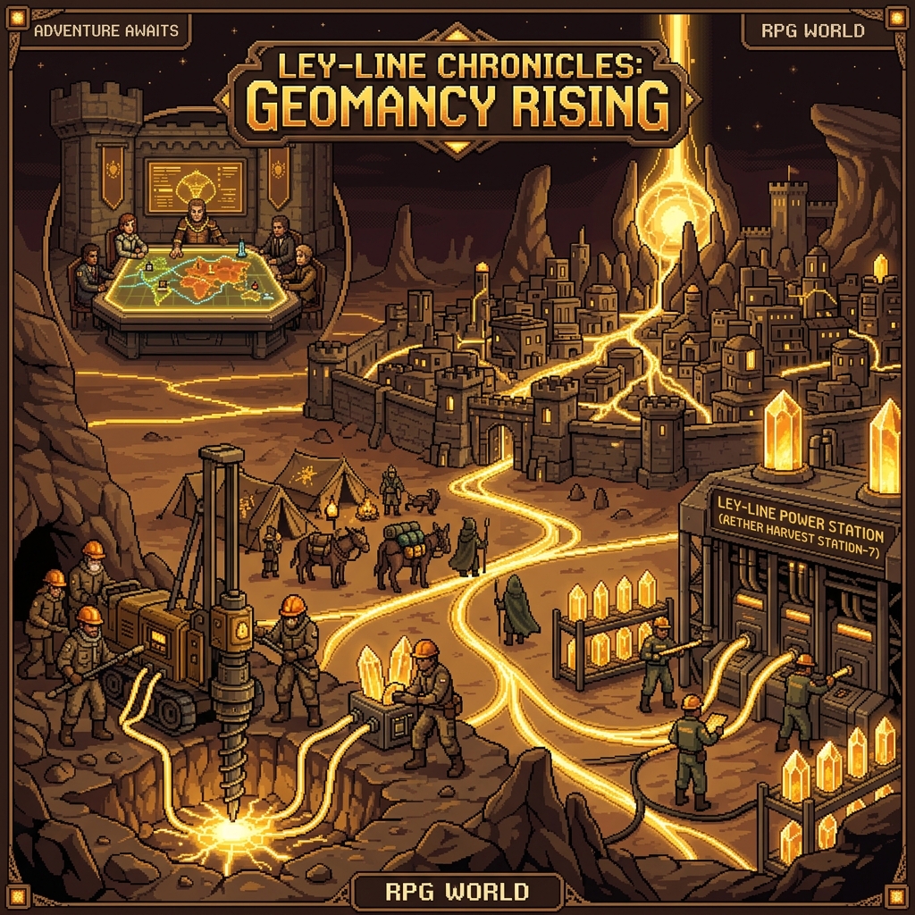 Pixel art cover of The Leyline Grid showing geomancers drilling into ley-nodes, power crystals being harvested, and a nomadic Line-Walker tribe following glowing earth channels