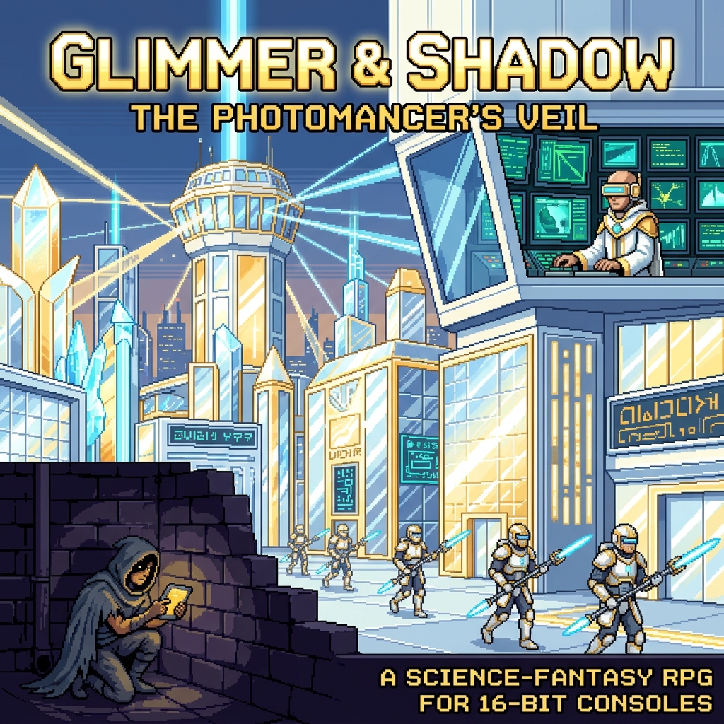 Pixel art cover of The Lux Directorate showing photomancers in glass towers monitoring reflections, light-lance soldiers, mirror-covered buildings, and a darkness resistance member hiding in shadow