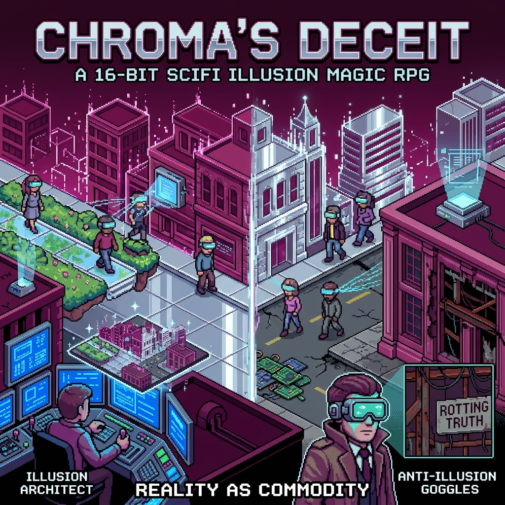 Pixel art cover of The Mirror Cities showing a detective with truth goggles seeing reality beneath an illusion city and an illusion architect at control panels