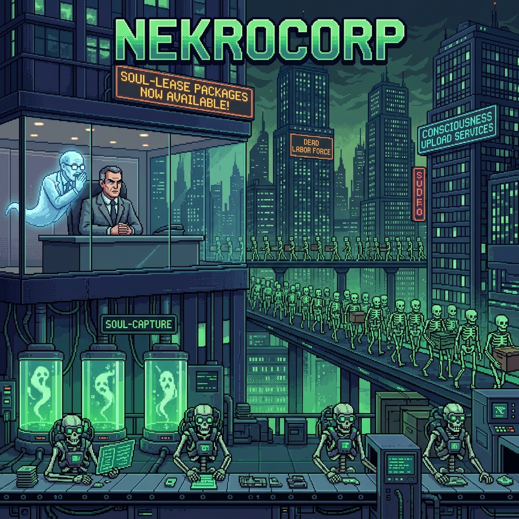 Pixel art cover of Necro-Synthesis showing skeletal workers on assembly lines, soul-capture machines, and a corporate executive with a ghost advisor in a sci-fi megacity