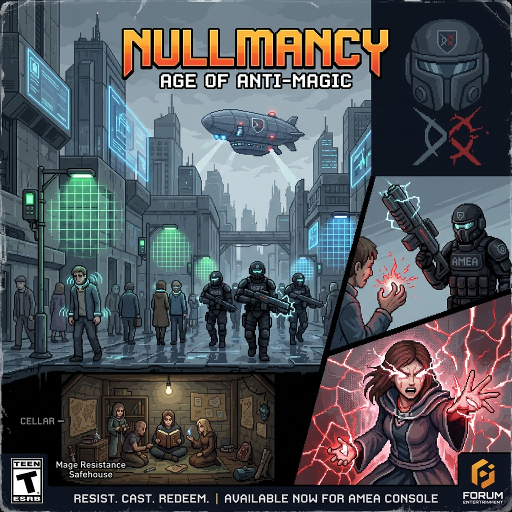 Pixel art cover of The Null Zone showing null-field generators on street corners, collared mages, AMEA enforcement officers, and a glowing-eyed mage breaking through a null field