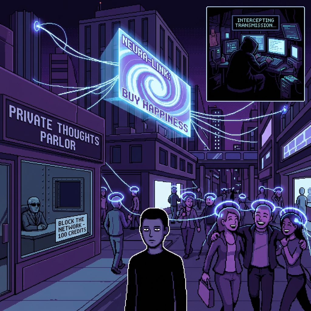 Pixel art cover of The Quiet Network showing citizens with neural halos in a telepathic mesh, a thought hacker in a dark room, and an isolated Unlinked person on the margins