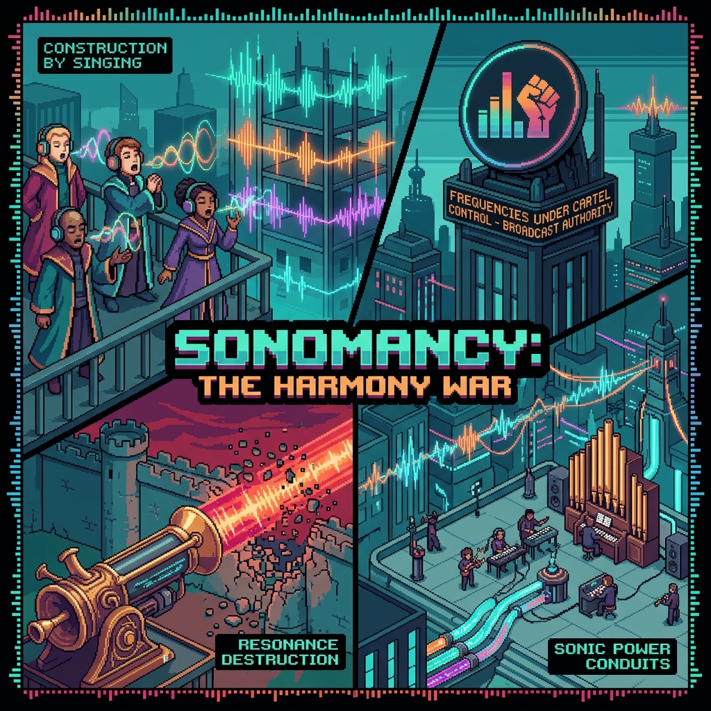 Pixel art cover of Resonance City showing sound mages constructing buildings with singing frequencies, a sonic weapon crumbling a wall, and musicians powering city infrastructure