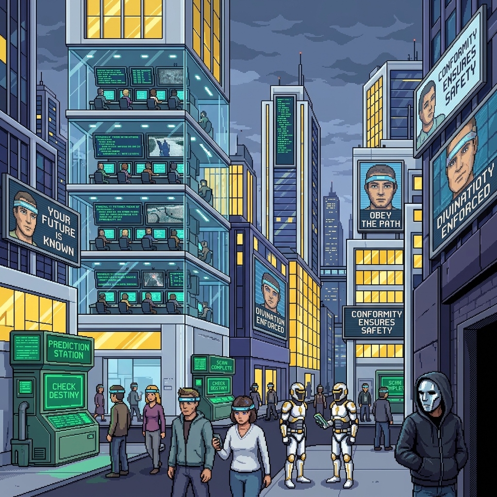 Pixel art cover of The Sight Imperium showing seers in glass towers monitoring citizens with fate bands, prediction terminals, and a masked rebel on the street below