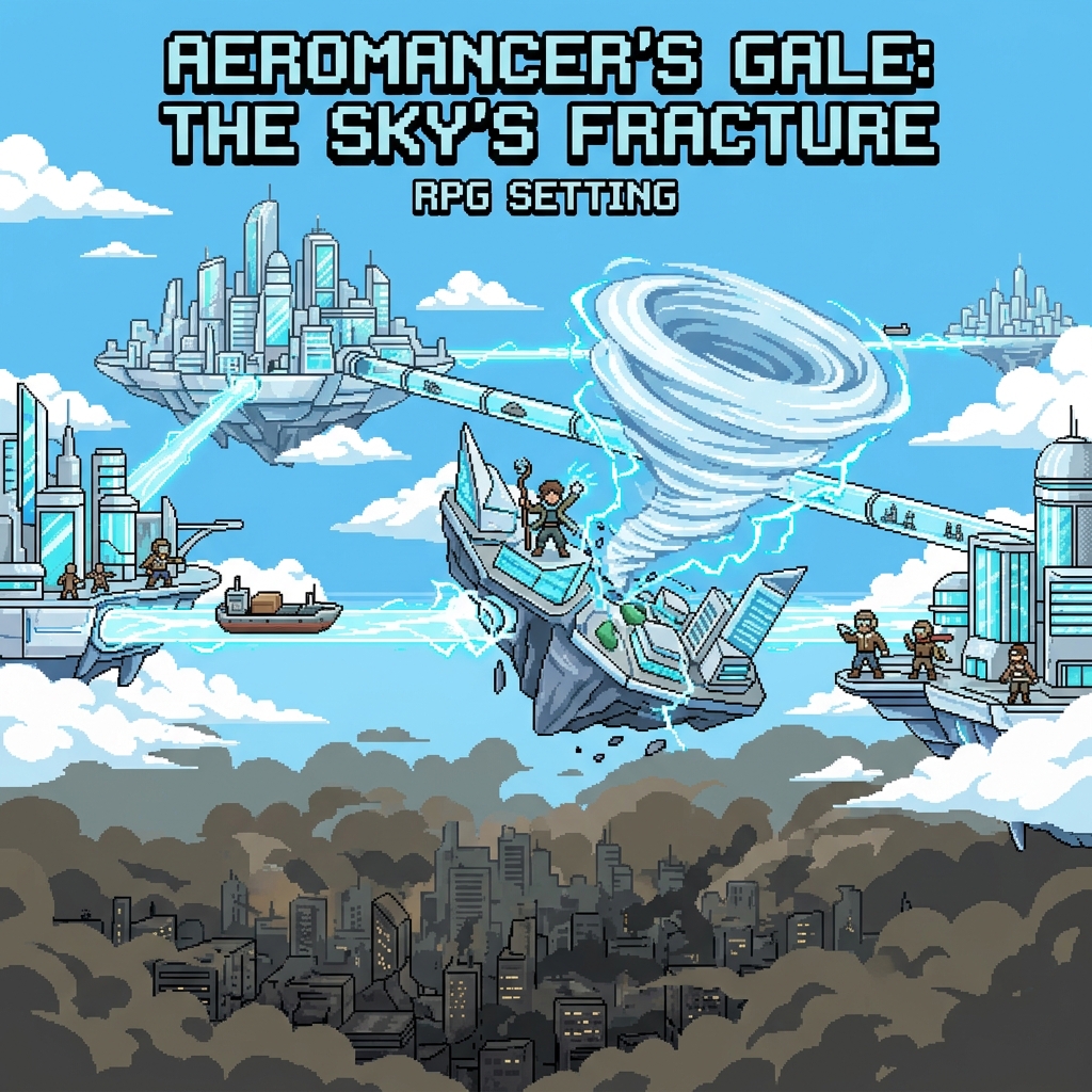 Pixel art cover of Sky Sovereignty showing gleaming floating cloud cities above smoggy ground states connected by wind-lane transit tubes with aeromancer pilots