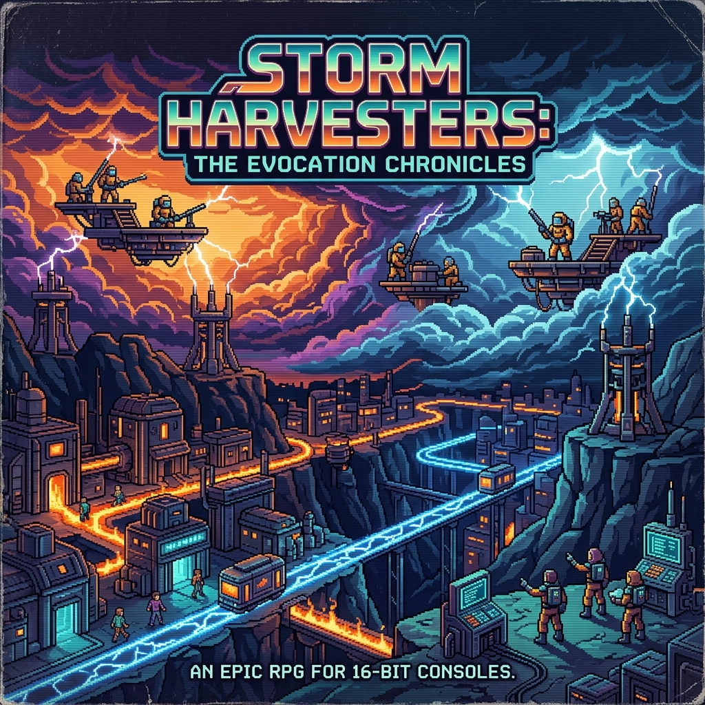 Pixel art cover of Storm Core showing evocation mages on storm platforms harvesting lightning in manufactured megastorms above a canyon city