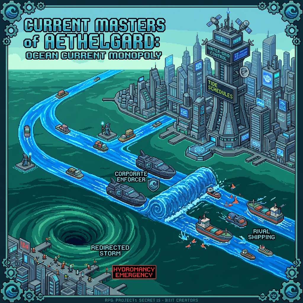 Pixel art cover of Tidal Authority showing hydromancers riding ocean current platforms, a water-grid control tower, corporate enforcers blocking rival shipping lanes, and a coastal city