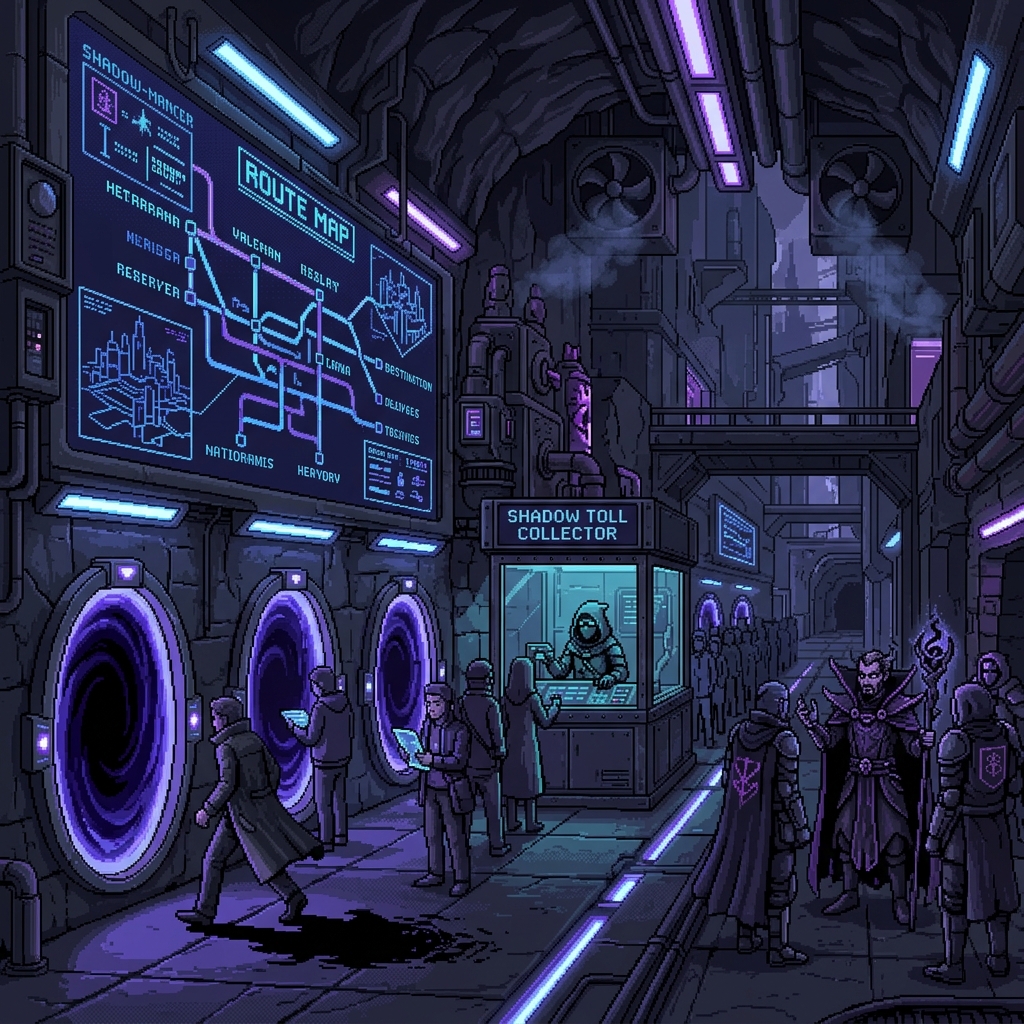 Pixel art cover of The Umbral Web showing a shadow transit hub with route maps, commuters stepping through shadow portals, a toll-keeper, and a mysterious crime boss figure