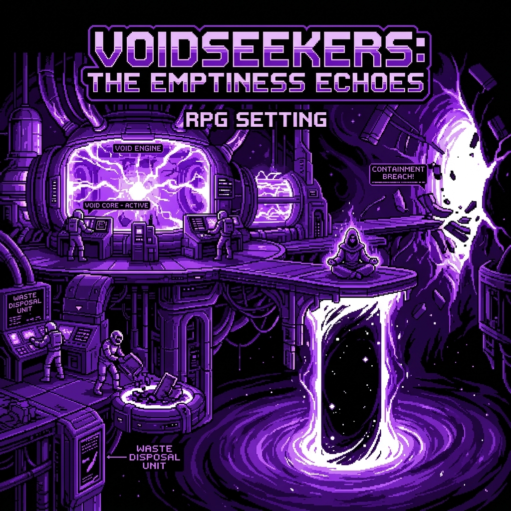 Pixel art cover of The Void Engineers showing void rift installations in an industrial city, void engineers in pressure suits, and a void rift expanding uncontrollably on one side