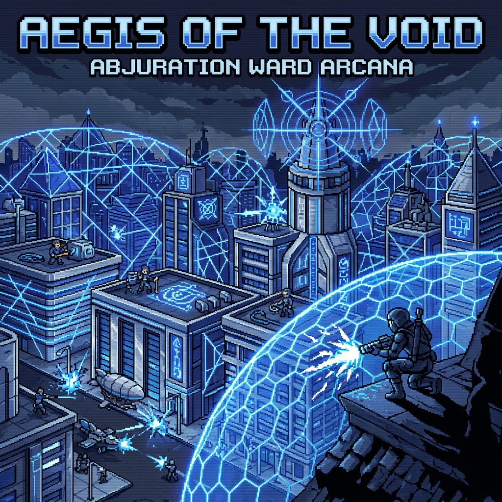 Pixel art cover of The Warded Worlds showing a city encased in layered ward shields with abjuration engineers maintaining sigils and ward-breakers probing for gaps