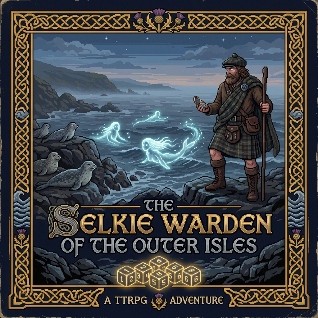 Pixel art cover of The Selkie Warden of the Outer Isles showing a Highland figure with second sight standing at the shore watching both the physical sea and the spirit forms of Selkies in the water