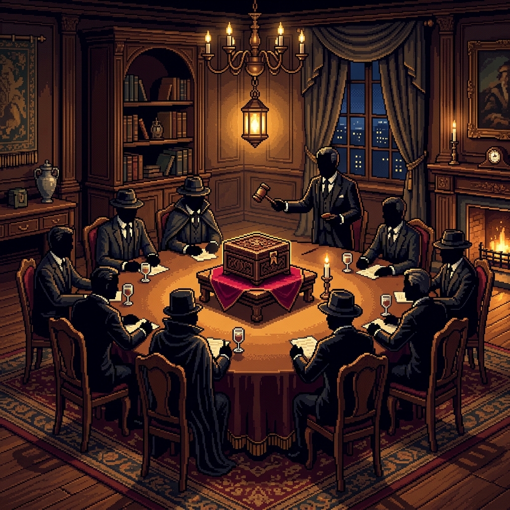 Pixel art elegant private room with a handful of well-dressed bidders watching a small package on a central table, tension visible
