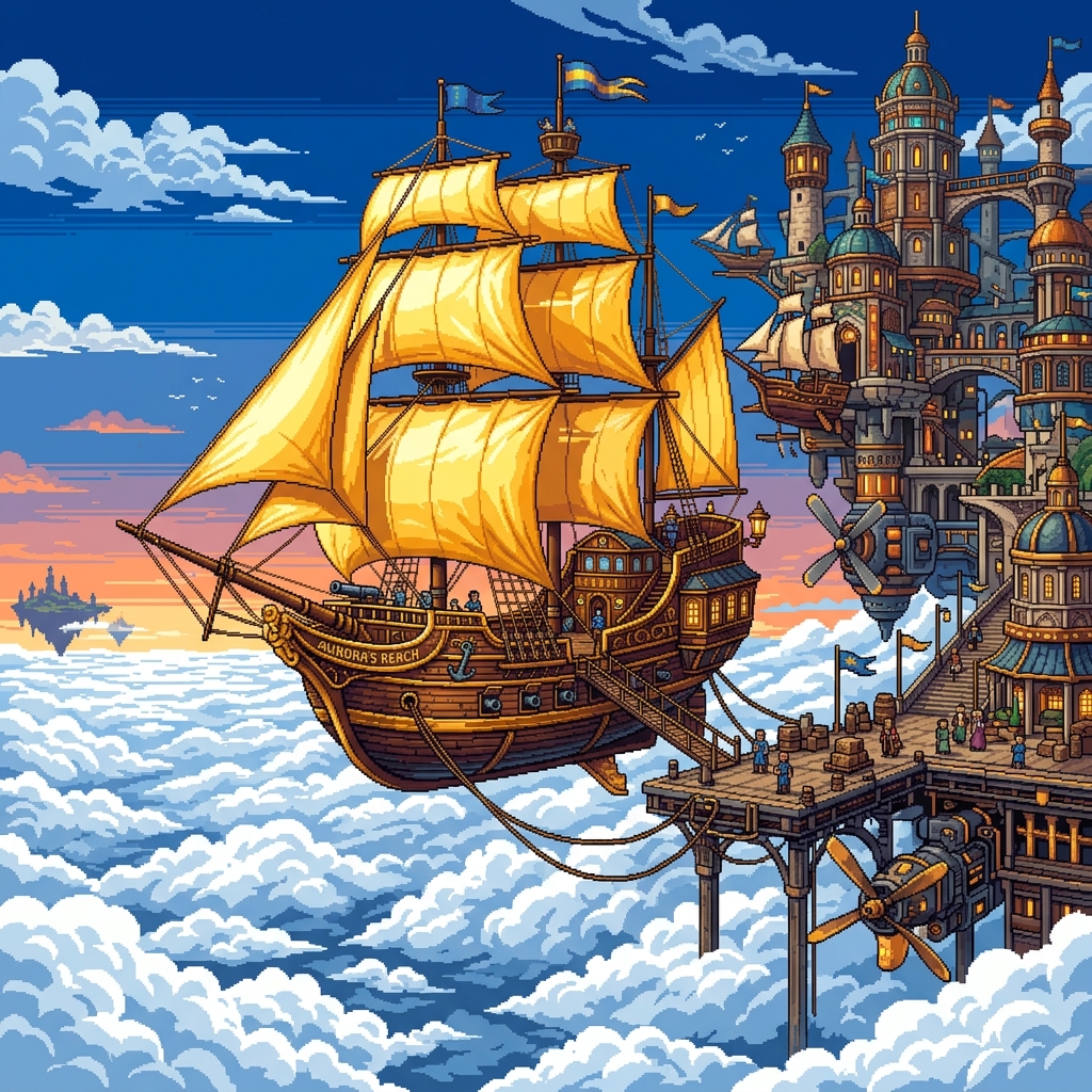 Pixel art majestic airship with golden silk sails docking at a soaring floating sky-city above a sea of white clouds