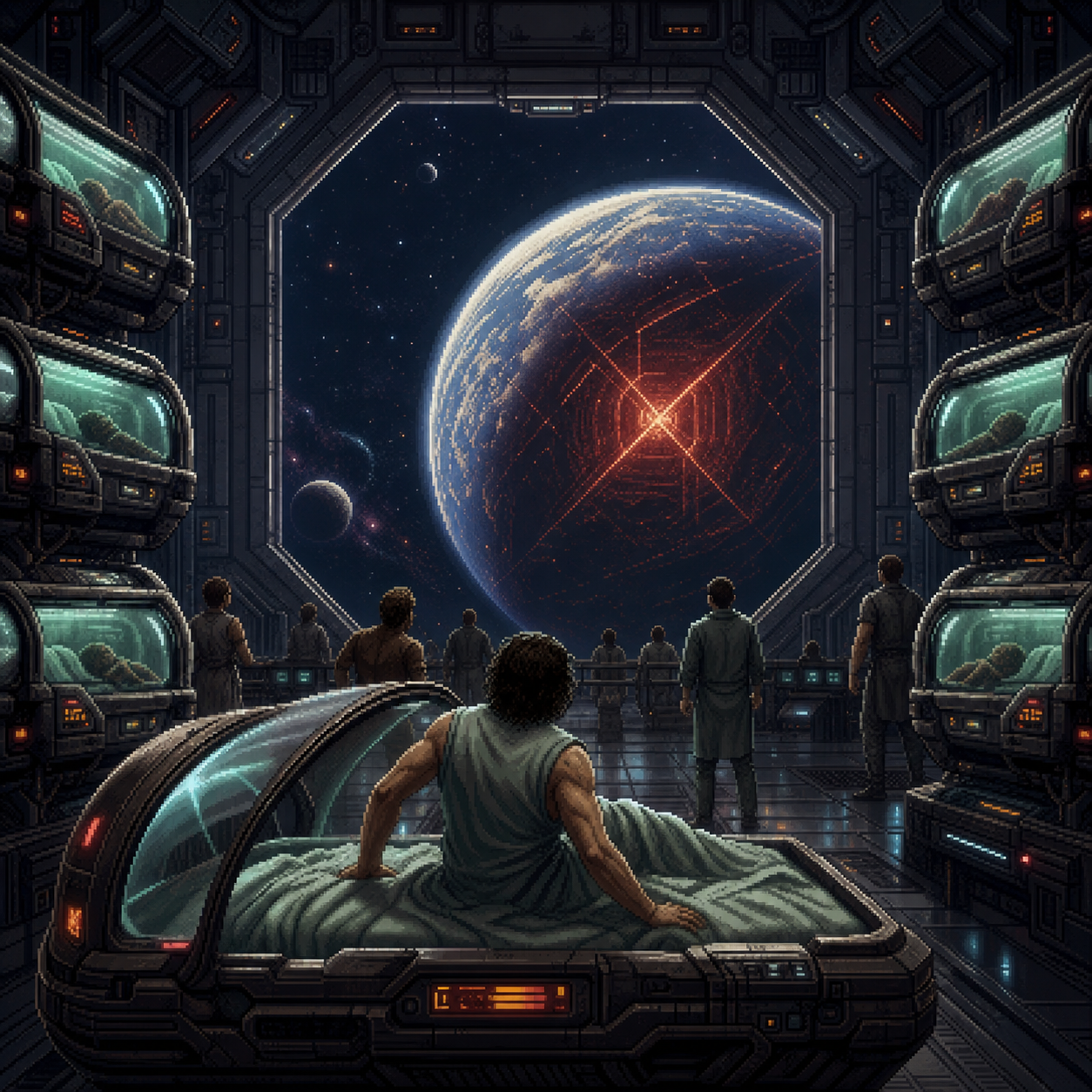 Pixel art crew members standing before rows of cryosleep pods on a generation ship