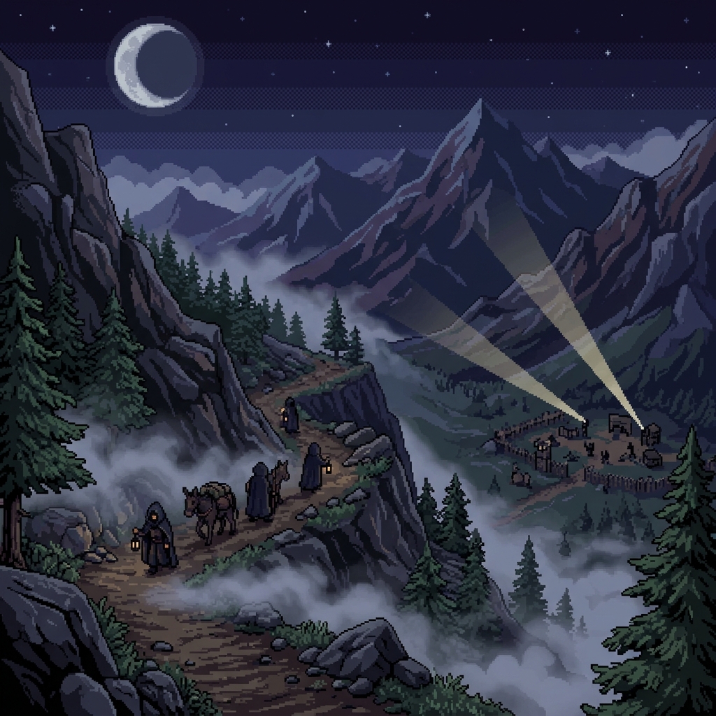 Pixel art nighttime mountain pass with a caravan of figures moving through, distant lights of a border checkpoint visible below