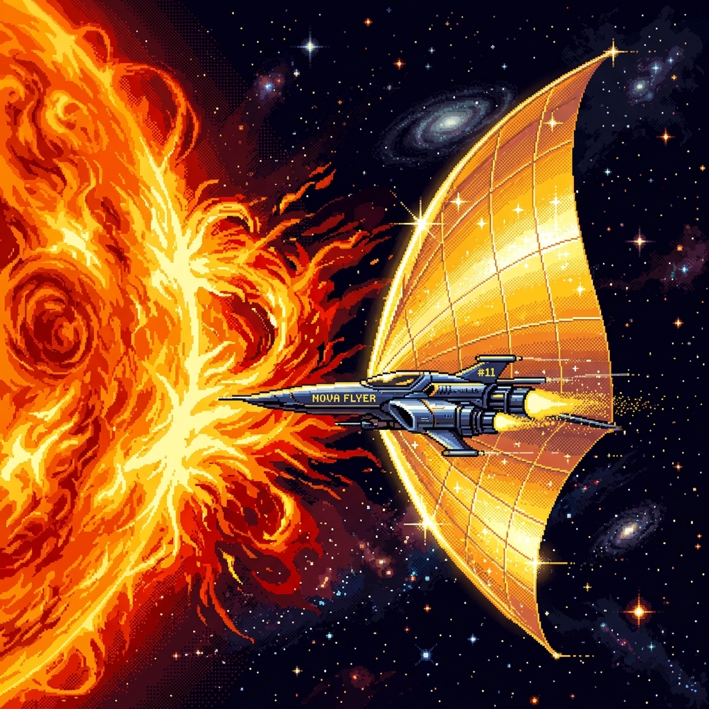 Pixel art sleek solar sail racer with massive shimmering golden sail flying close past a fiery sun flare