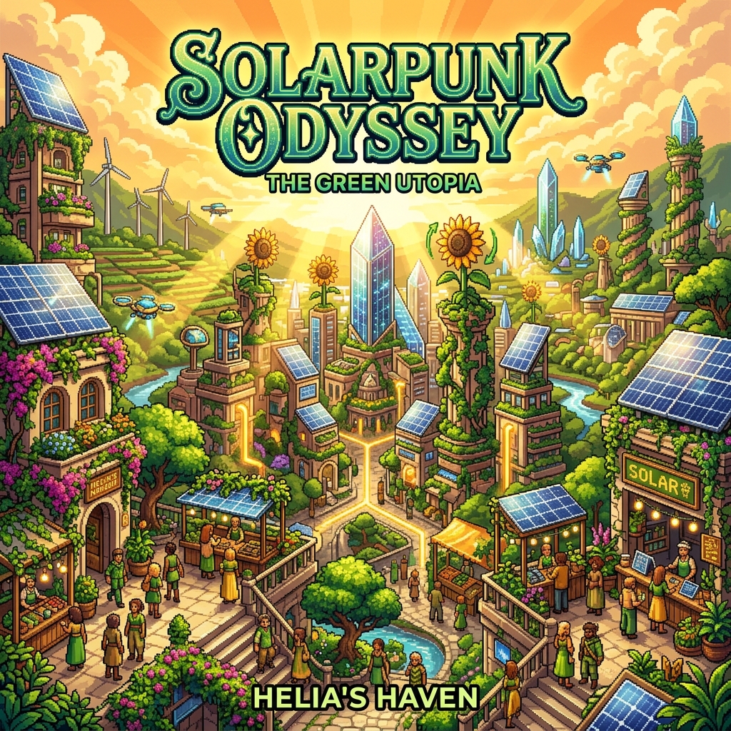 Pixel art cover of The Heliarchy showing a luminous green solar city with sunflower turbines, living architecture, and crystal photovoltaic spires