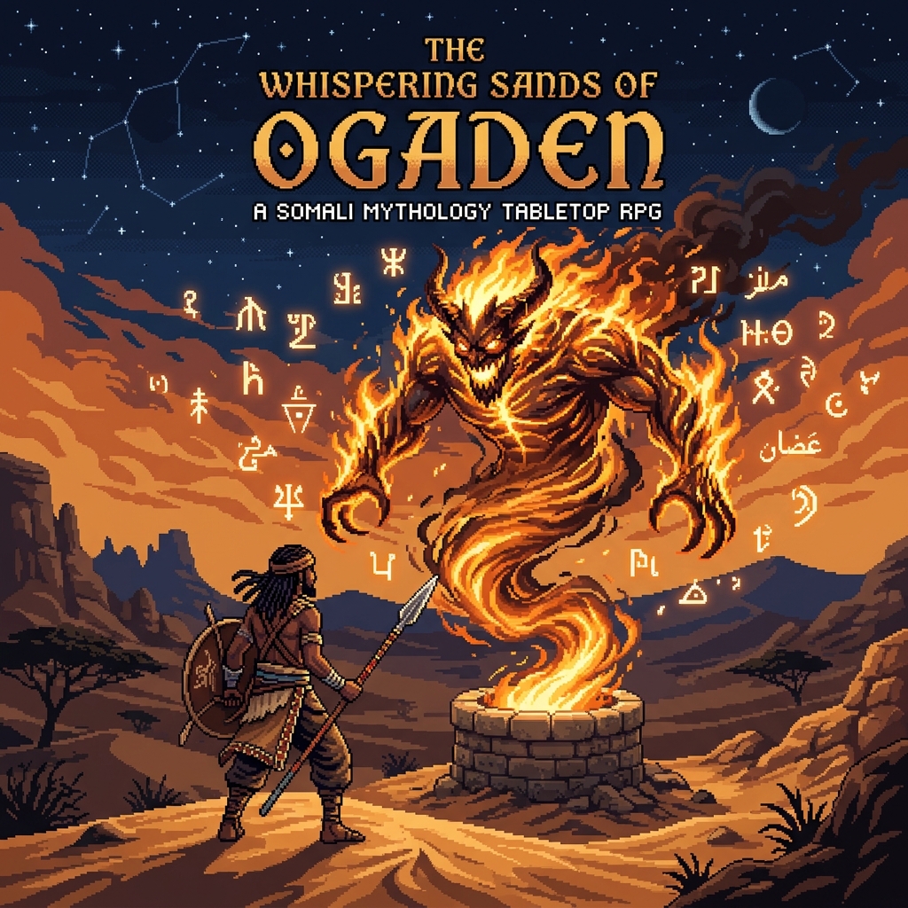 Pixel art cover of The Whispering Sands of Ogaden showing a Somali warrior confronting a fiery Jinni rising from an ancient stone well