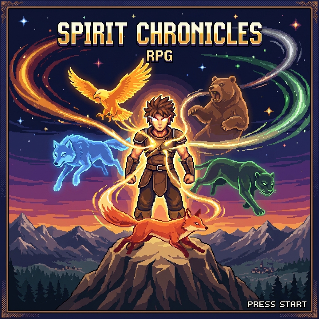Pixel art cover of The Soul-Bound showing a human warrior with wolf, eagle, bear, panther, and fox animal spirits orbiting them on a twilight mountaintop