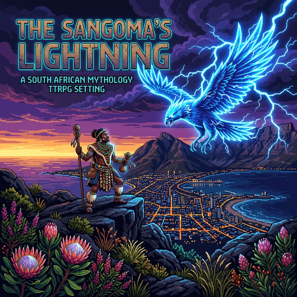 Pixel art cover of The Sangoma's Lightning showing a Zulu Sangoma standing on Table Mountain facing a glowing electric blue Lightning Bird