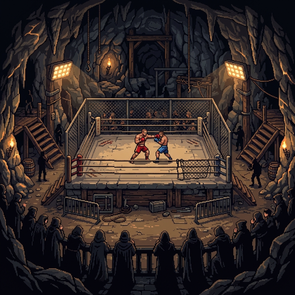 Pixel art underground arena carved from stone with flickering lights and athletes competing before a crowd of shadowy figures
