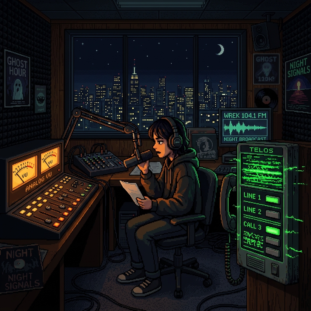 Pixel art radio studio at night with glowing dials and a phone ringing with supernatural static