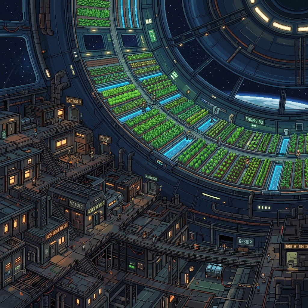 Pixel art interior of a massive cylindrical generation ship showing curving hydroponic farms and metal housing decks