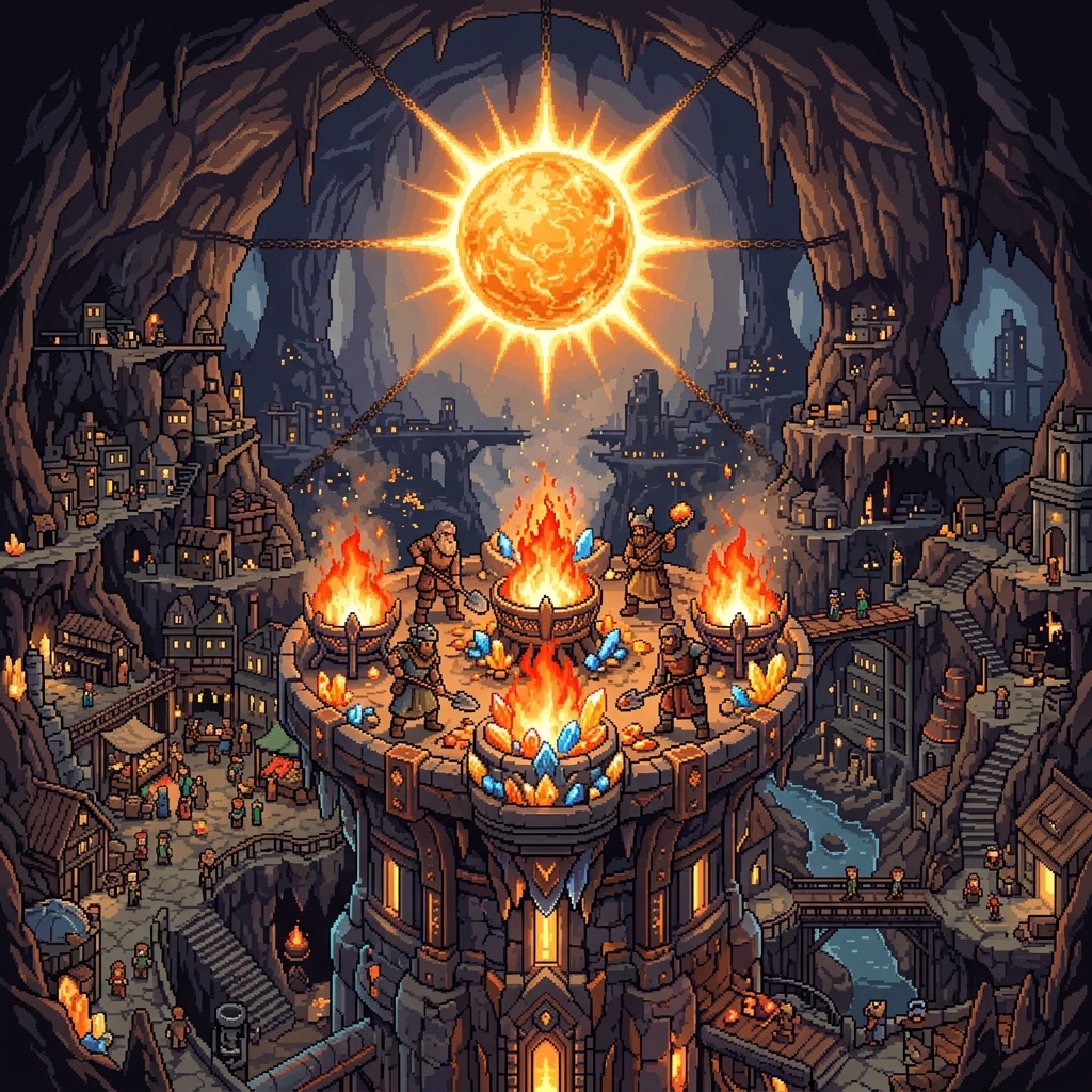 Pixel art massive cavern city lit by a brilliant miniature glowing sun suspended in the center, keepers stoking crystal fires on a central tower