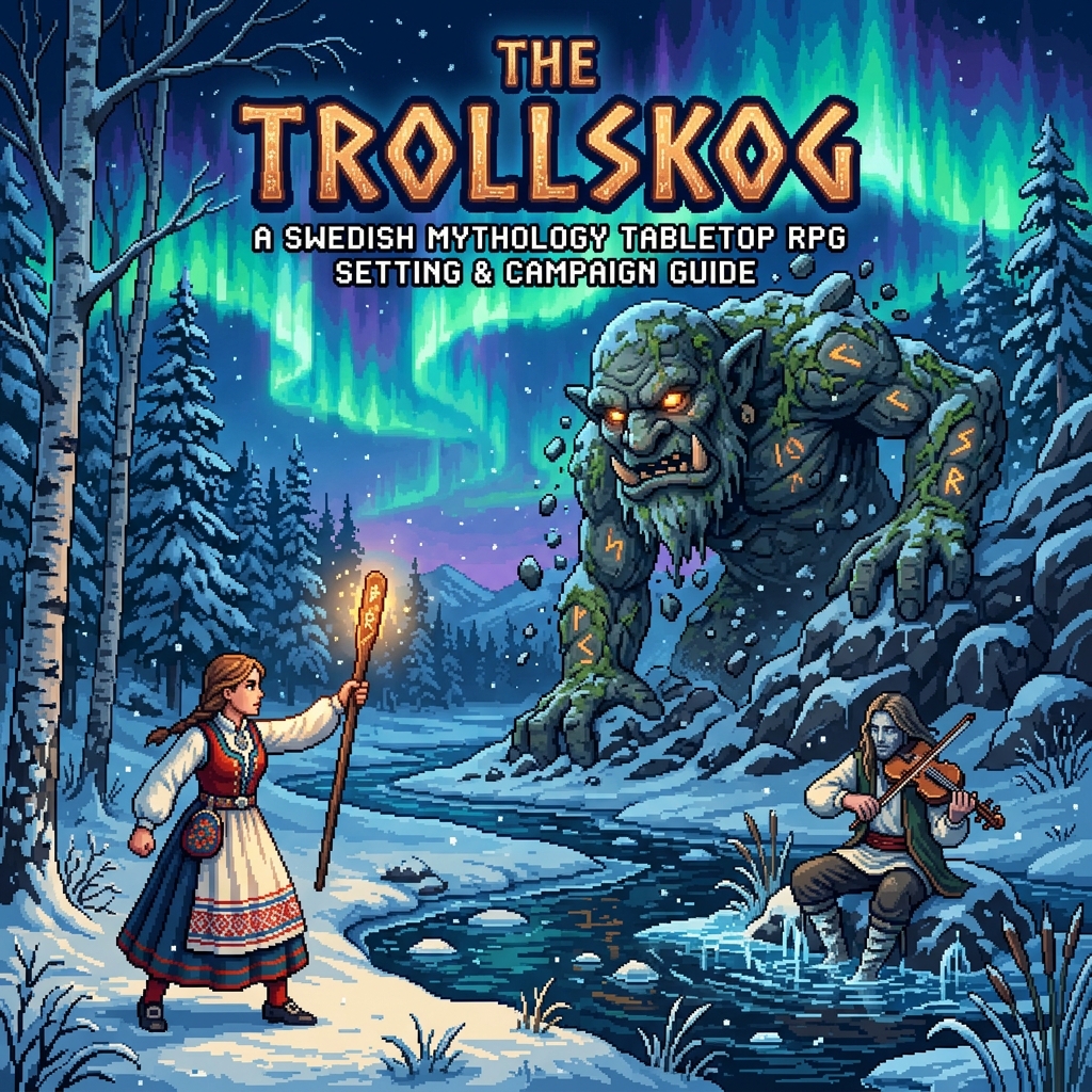 Pixel art cover of The Trollskog showing a stone troll awakening in a frozen Swedish forest under the northern lights