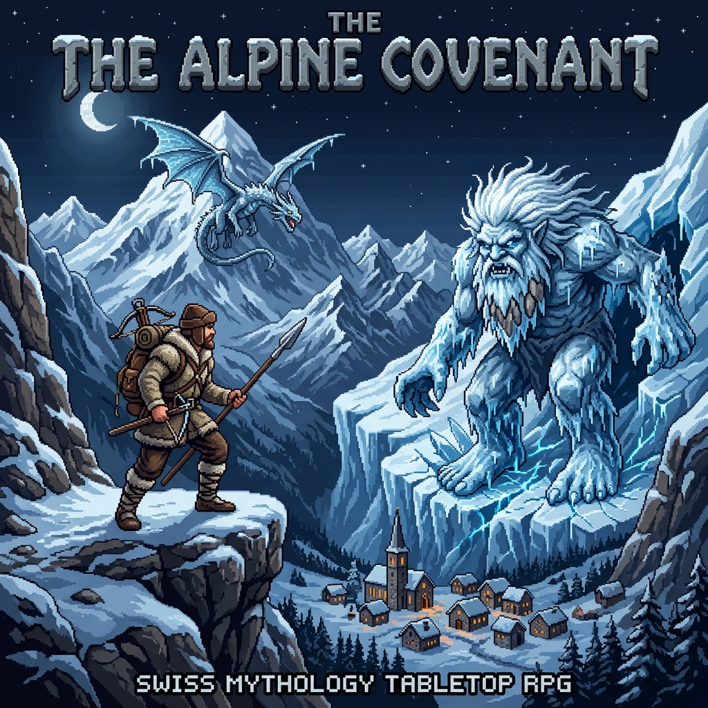 Pixel art cover of The Alpine Covenant showing a Swiss hunter confronting an ice giant near a glacier with an Alpine dragon overhead