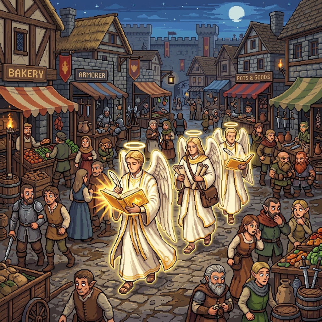Pixel art celestial auditors with glowing ledgers walking through a busy mortal marketplace