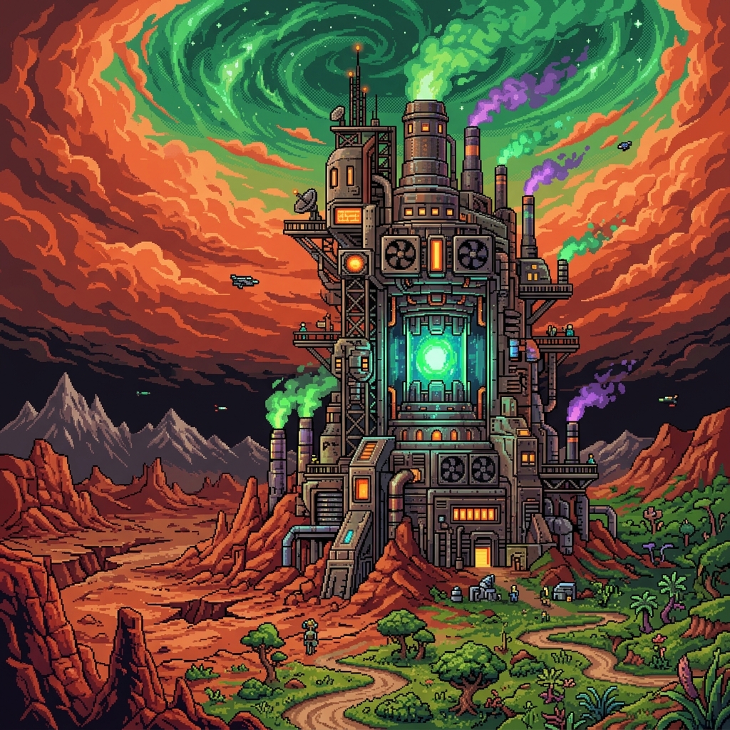 Pixel art massive atmospheric processor engine towering over an alien landscape with red rock turning green under terraforming skies