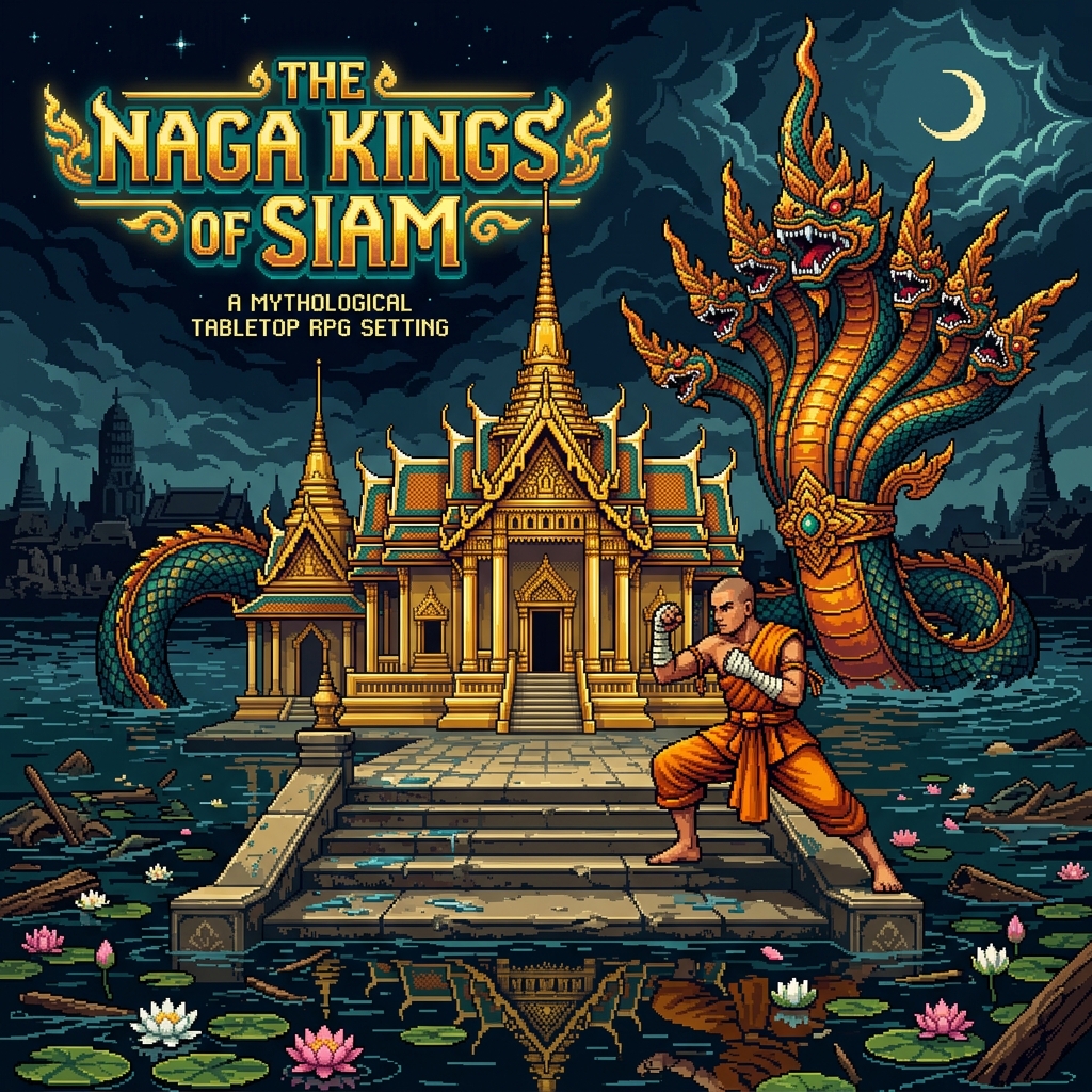 Pixel art cover of The Naga Kings of Siam showing a warrior monk fighting before a golden temple as a seven-headed Naga rises from the flood