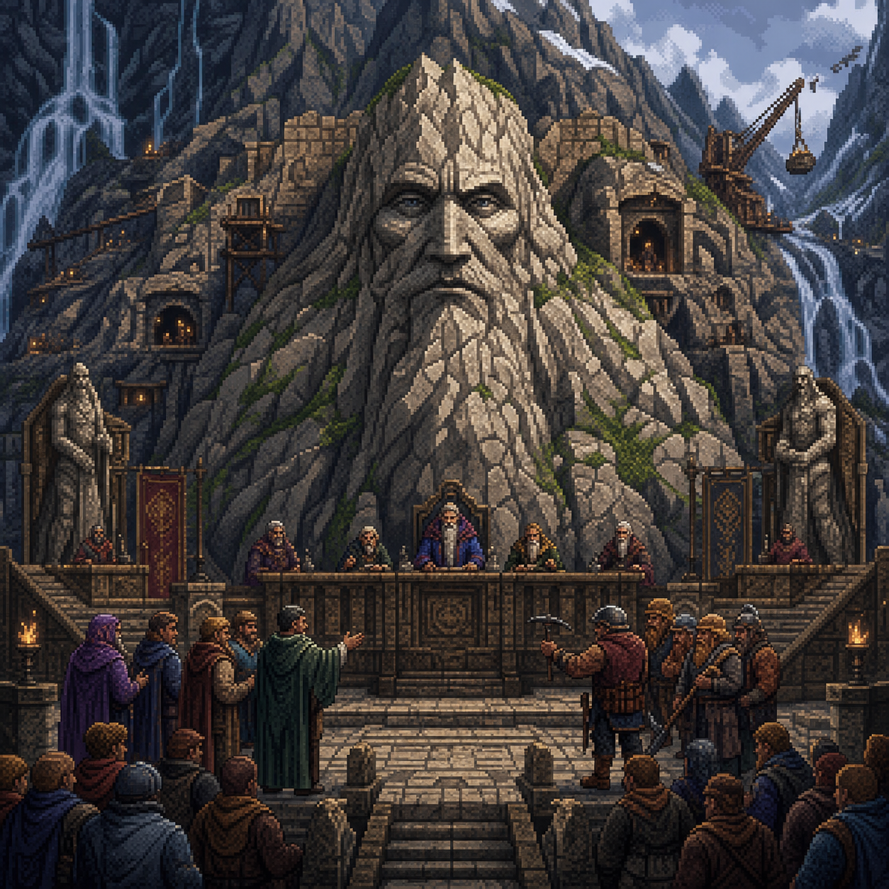 Pixel art courtroom with a mountain visible through the window behind a stone witness stand