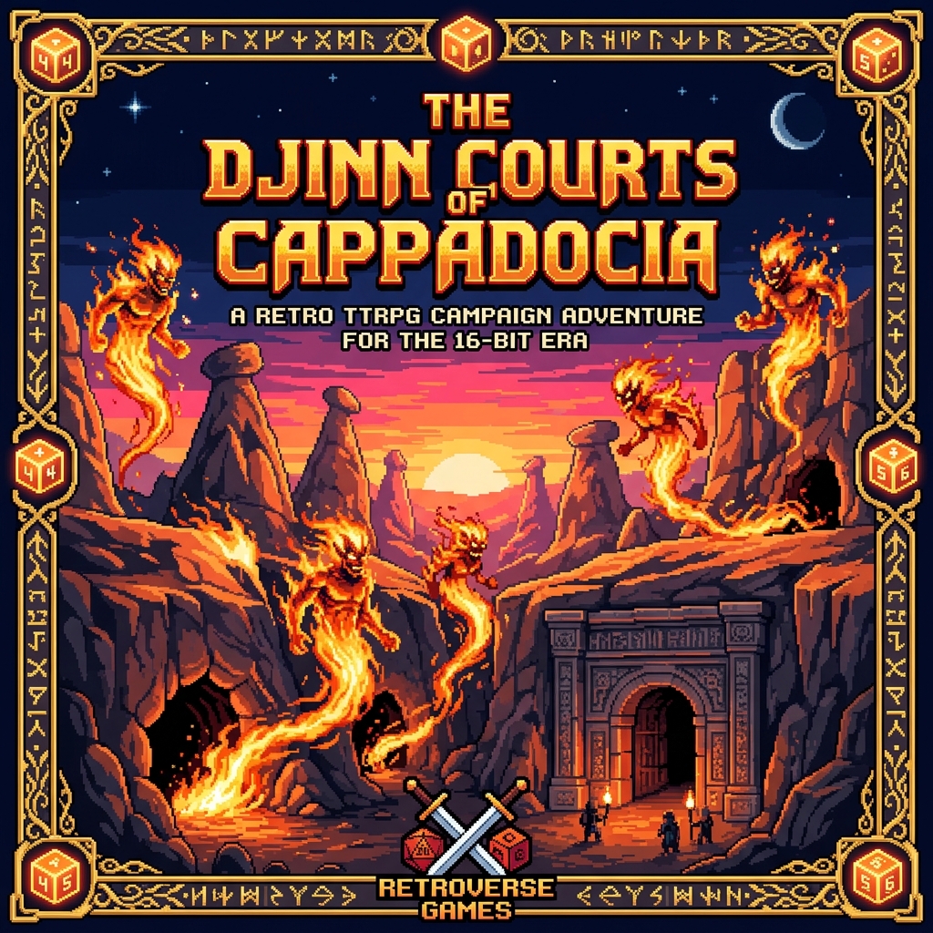 Pixel art cover of The Djinn Courts of Cappadocia showing the iconic Cappadocian fairy chimney landscape at sunset with Djinn fire-forms emerging from cave entrances below
