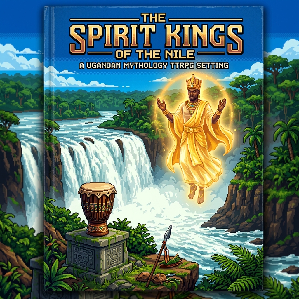 Pixel art cover of The Spirit Kings of the Nile showing a translucent golden Bachwezi spirit king floating above Murchison Falls with a sacred royal drum
