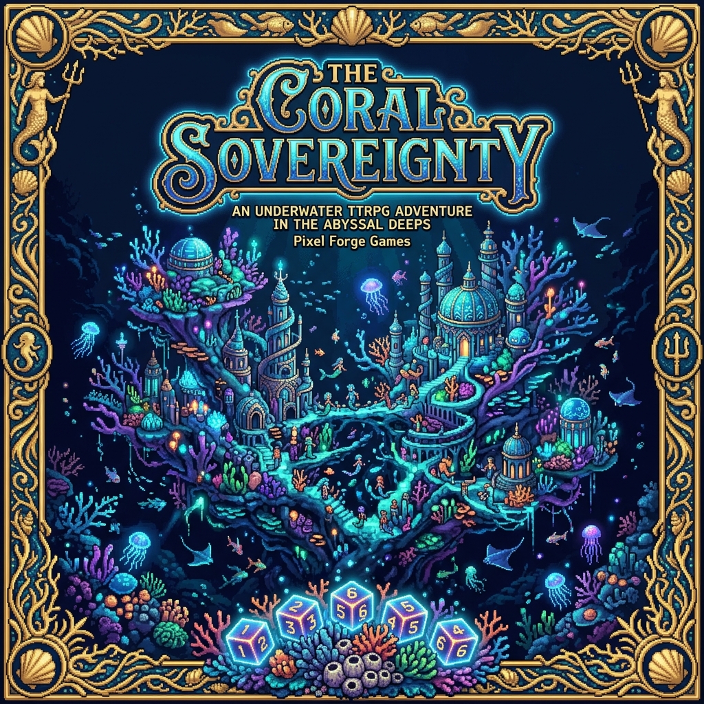 Pixel art cover of The Coral Sovereignty showing an elaborate underwater city built into a massive coral formation lit by bioluminescence with various aquatic beings moving through its streets