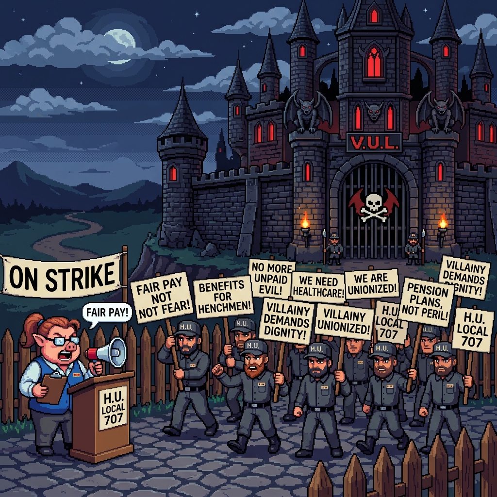 Pixel art henchmen in matching uniforms holding protest signs outside a villain's lair, union rep at a podium