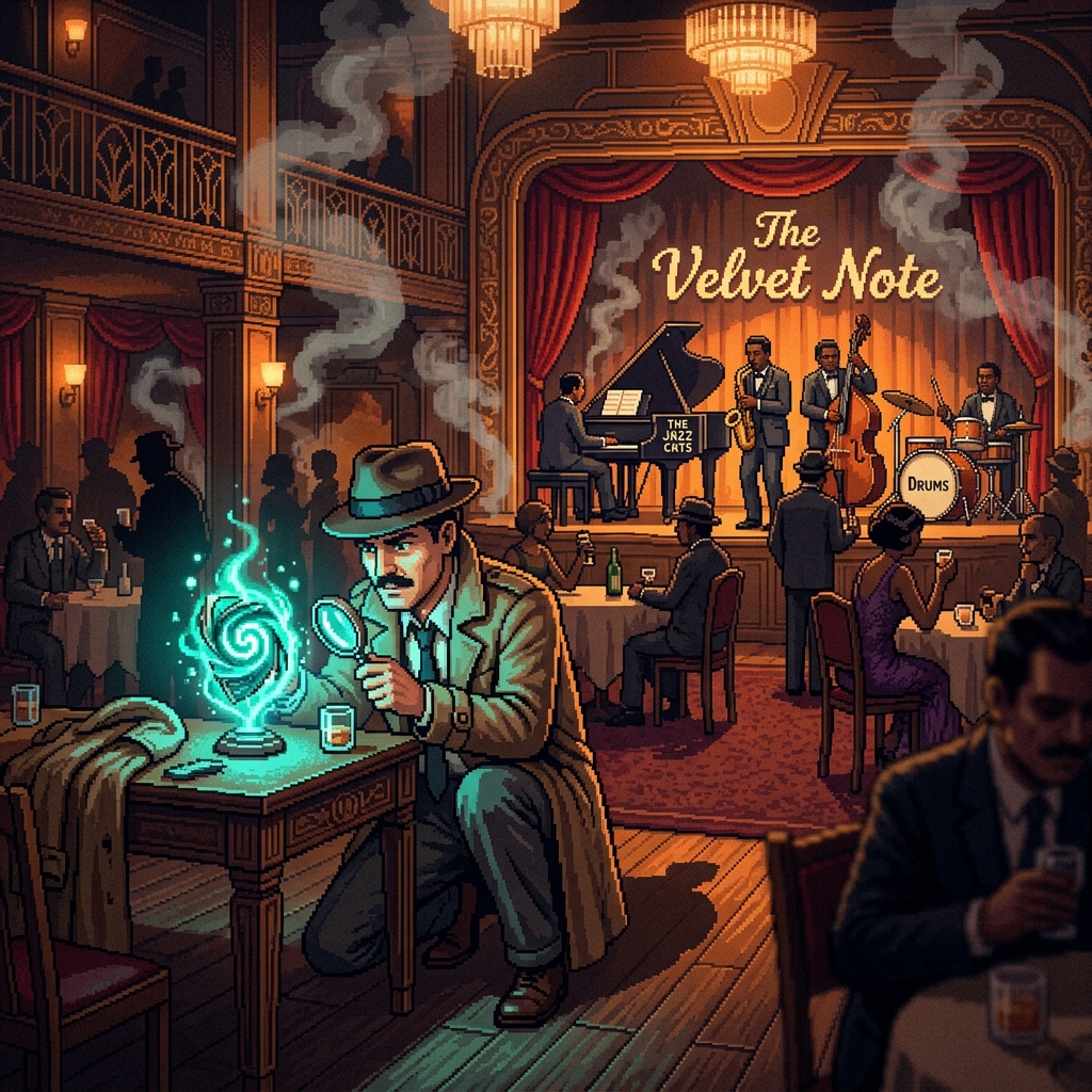 Pixel art noir detective examining a glowing clue in a smoky 1920s nightclub