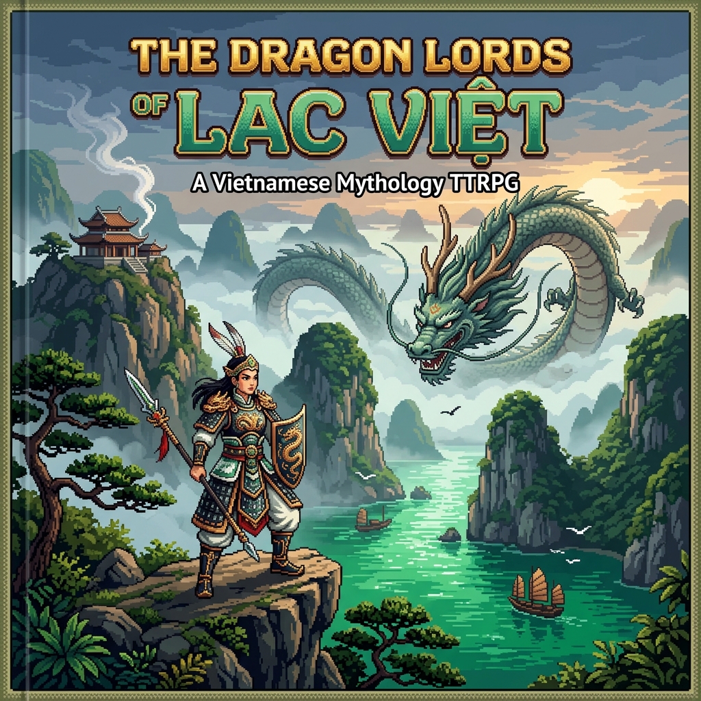 Pixel art cover of The Dragon Lords of Lac Viet showing a warrior princess on a karst cliff with a Vietnamese dragon in the mist