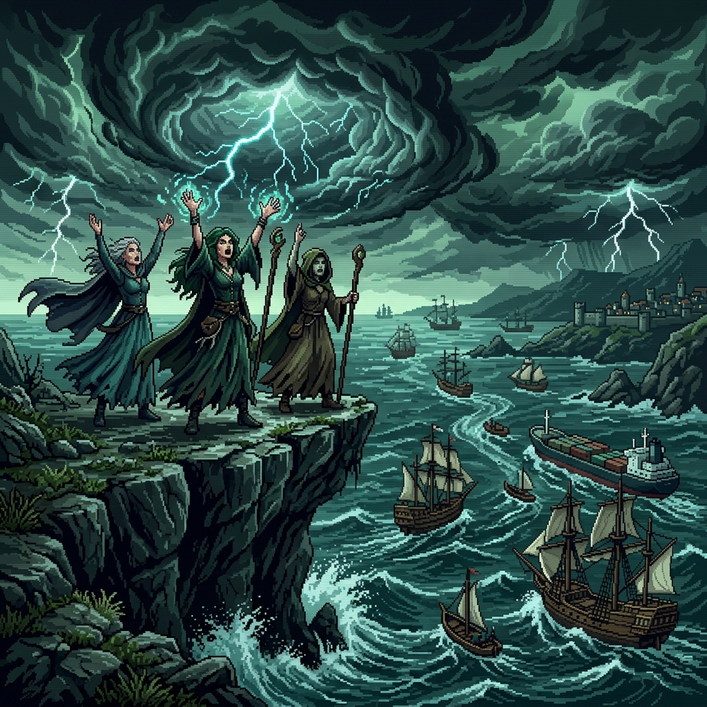Pixel art sea witches on a clifftop controlling storm clouds over a shipping lane with merchant vessels below
