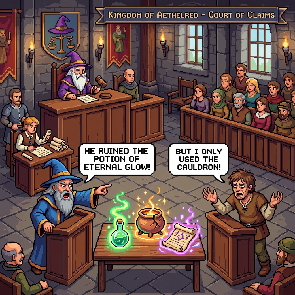 Pixel art small claims courtroom with a wizard plaintiff in robes and a frustrated customer as defendant, magical evidence on the table