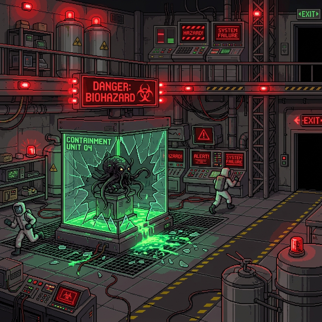 Pixel art bio-containment laboratory with warning lights flashing red and a dark specimen tank cracked open