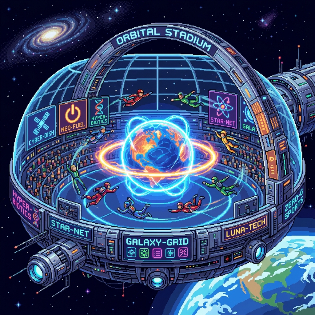 Pixel art orbital arena with athletes floating in zero gravity chasing a magnetic sphere, corporate logos everywhere